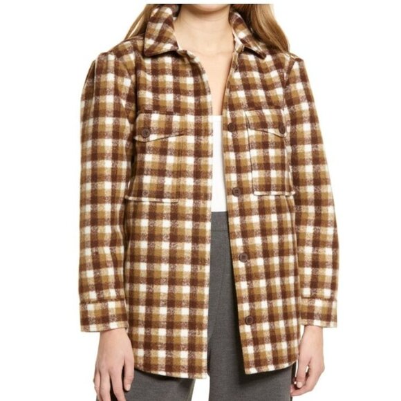 Treasure & Bond Plaid Puff Sleeve Shirt Shacket Jacket Brown XL NWOT - Picture 1 of 8